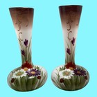 Stunning Pair Hand Painted Bristol Vases Colorful Flowers Green Leaves Brown Lip