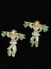 Vtg Asian Water Carrier Articulated Brooch Set Gold Tone Rhinestones Faux Pearl