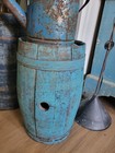 Old Primitive Wooden Barrel Keg In Blue