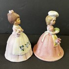 Lefton  Porcelain Bell Set Girl White Apron Baker Pink Roses Chef Garden Lot 2x