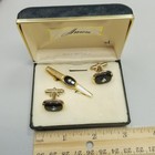 Vintage Anson Cufflinks Tie Clip Set Black Onyx Diamond Gold Tone Mens Usa Boxed