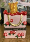 Kitten Trinket Box Vintage Porcelain Decor Cherry Basket With Detached Yarn