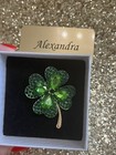 Shamrock Green Crystal 4 Leaf Clover Gold Color Pin Brooch St Patrick New In Box