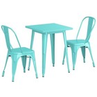 23 5   Square Seafoam Metal Restaurant Table Set With 2 Chairs For Outdoor Use