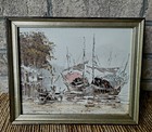 Beautiful Original Oil Seascape Nautical Boat Harbor  Framed Unsigned