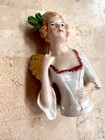 Antique Victorian Half Doll Pin Cushion Germany Porcelain Woman With Fan 1900s