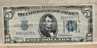 1934  5 Us Silver Certificated Note Blue Seal Serial B19748577a Clean Folds