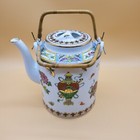 Vintage Teapot Rare Porcelain Chinese Tea Pot Bamboo Handle Flowers Butterflies