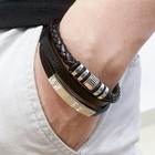 Men Jewelry Black Braided Leather Bracelet Multi-layer Stainless Steel Clasp A