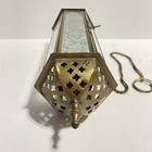 Vintage Moroccan Hanging Filigree Lantern Pressed Glass Candle Holder Brass Look