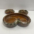 Mcm Royal Haeger Swirls Console Bowl   2 Candlesticks Green Brown Drip Glaze