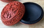 Vintage Chinese Carved Floral Cinnabar Round Trinket Box 2-5 8   