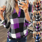 Women s V-neck Long Sleeve Plaid Check T-shirt Ladies Casual Loose Blouse Tops