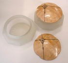 Vtg Pair Art Deco Frosted Glass Vanity Powder Jars  With Pink Celluloid  Lids 