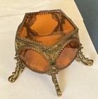 Vintage Jewelry Casket Trinket Box Ormolu Gold Filigree Beveled Glass