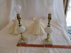 Vintage Pair Hobnail White Milk Glass And Brass   Marble Bedside Table Lamps 