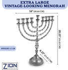 Zion Judaica Large Metal Chanukah Candle Menorah  21  Tall  Antique Silver