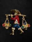 Retro Asian Water Carrier Brooch Gold Tone Enamel Rhienstone Flower Basket