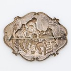 Victorian Holland Repouss   Tavern Scene Brooch Dutch Silver Tone Folk Art Pin