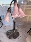 Vintage 15  Brass Lily Pad Base W  3 Pink Tulip Shade Lamp Light