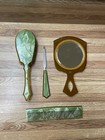 Vintage Art Deco Bakelite Green Celluloid Vanity Set - Comb  Mirror  Brush  Pick