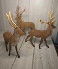 Vintage Flocked Reindeer Deer Buck Figures Christmas Set Of 3 Large Read
