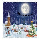 Christmas Shower Curtain  Winter Season Snowman Xmas Tree Santa Sleigh Moon P   