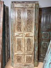 Antique Carved Wood Floral Barn Door Rustic Single Brass Studs Statement Door 80