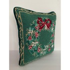 Vintage Christmas Wreath Needlepoint Wool Throw Pillow Green Velvet 9x9 Small