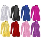 Girls Shiny Sequins Jazz Dance Glitter One Shoulder Long Sleeve Shorty Jumpsuit 