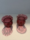 Pilgrim Glass Vase Cranberry Color Vintage Mcm Ruffled Top 3 5    Tall Set Of 2