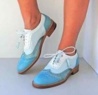 Handmade Women s Blue   White Leather Oxford Wing Tip Lace Up Brogue Dress Shoes