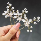Crystal Bride Wedding Hair Pins 3 Pcs Flower Bridal Pieces Pearl C Gold Clip