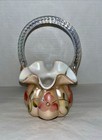 Vtg Fenton Pink Iridescent Painted Floral Basket W label  Signed