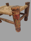 Antique Rustic Primitive Folk Art Hand Painted Wood Rush Seat Bench Stool