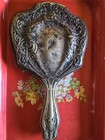 Antique Art Nouveau Hand Vanity Mirror  G Silver Plate Shows Wear Hand Held