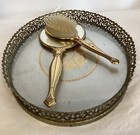 Vtg Oval Vanity Set Includes Tray  Brush Mirror White W  Gold Inlay  Filagree