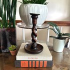 Antique English Oak Barley Twist Candlestick W  Brass Cup  Jacobean Revival  8   