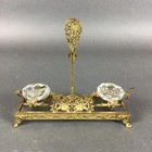 Gilt Metal Double Open Salt Cellar Stand Glass Liners And Sterling Silver Spoons