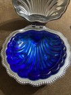 Vintage Silver Plated Shell Butter caviar Dish Cobalt Blue Glass Liner   Knife