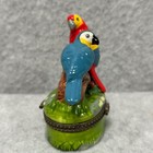 Vtg Tropical Macaw Parrots Porcelain Hinged Trinket Box With Mini Bird Figurine