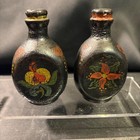Vintage Hand Painted Folk Art Miniature Black Glass Floral Bottles Set Of 2