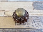 Vintage Dark Amber Glass Melon Inkwell With Brass Hinged Lid Writing Accessory