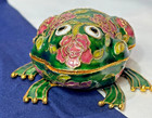 Vtg Cloisonne Frog Trinket Box Brass   Enamel Floral Design