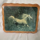Vintage Wooden Epoxy White Horse Picture 11 5  X 9 5  Running Galloping