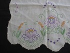 Vintage Handmade Embroidered Water Lily Linen Runner W crocheted Edge--16  X 17 