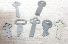 7 Vtg Antique Flat Steel Keys Lot Skeleton Padlock Drawer Trunk Steampunk Craft