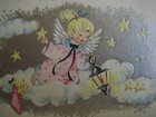 1950s Vintage Greeting Card Christmas Angel On Cloud W  Lantern  Stars