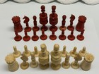 Antique Barleycorn Chess Set Red   Natural Bone Carved 32-piece Box Some Damaged