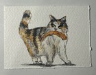 Aceo Original Miniature Watercolor Painting   Cat With Fish